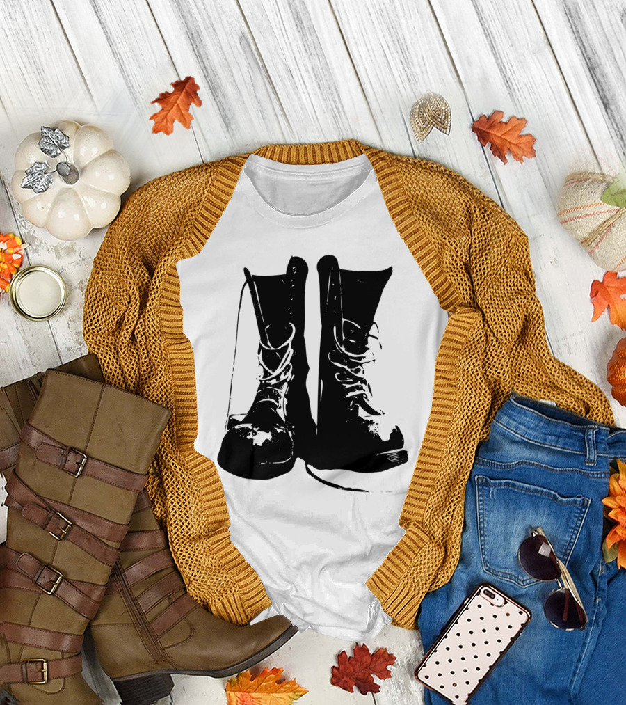Punk Rock Combat Boots Graphic Symbolizing Bold Rebellion T-Shirt