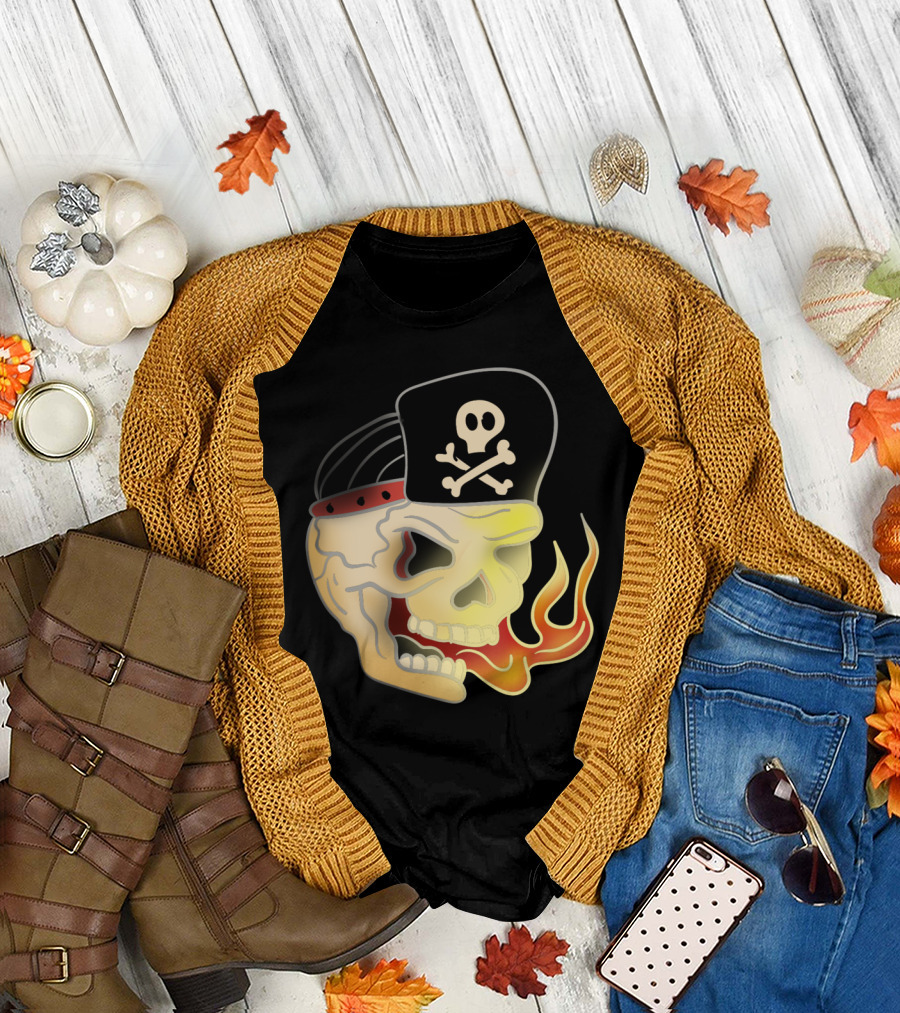 Skull Skate Punk Flaming Pirate Skull with Crossbones Hat T-Shirt