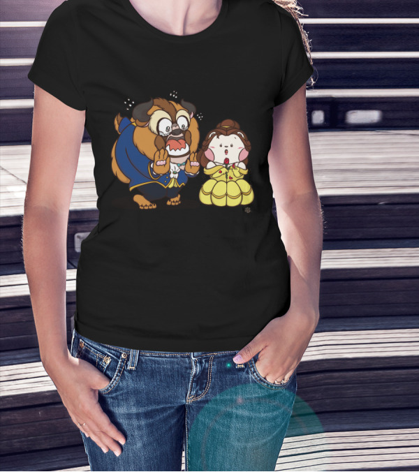 Beauty And The Beast Adorable Chibi Style Characters In Blue And Yellow Dress T-Shirt