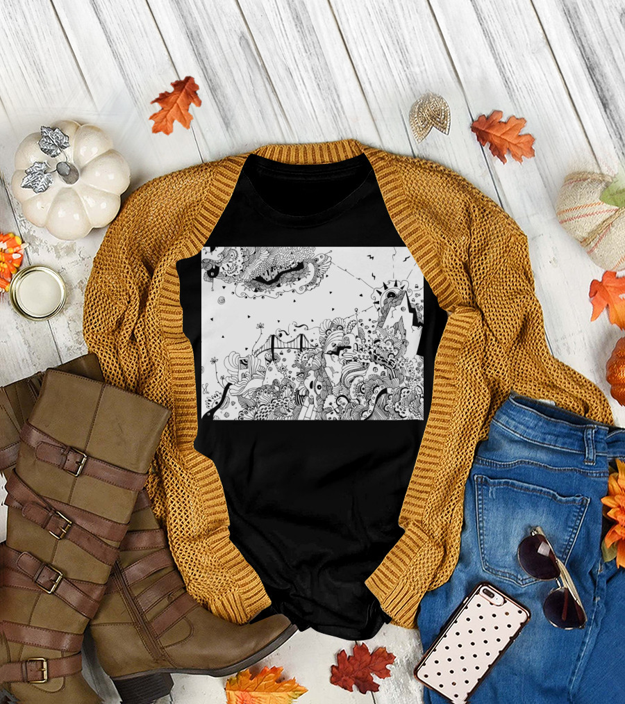 City of Serendipity Surreal Doodle with Bridge and Abstract T-Shirt