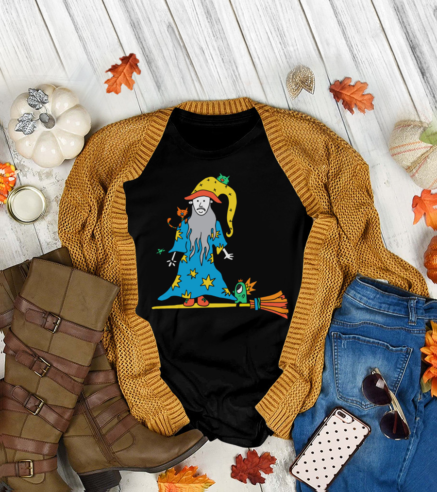 Friendly Wizard with Colorful Cats and Broomstick Wizardry T-Shirt