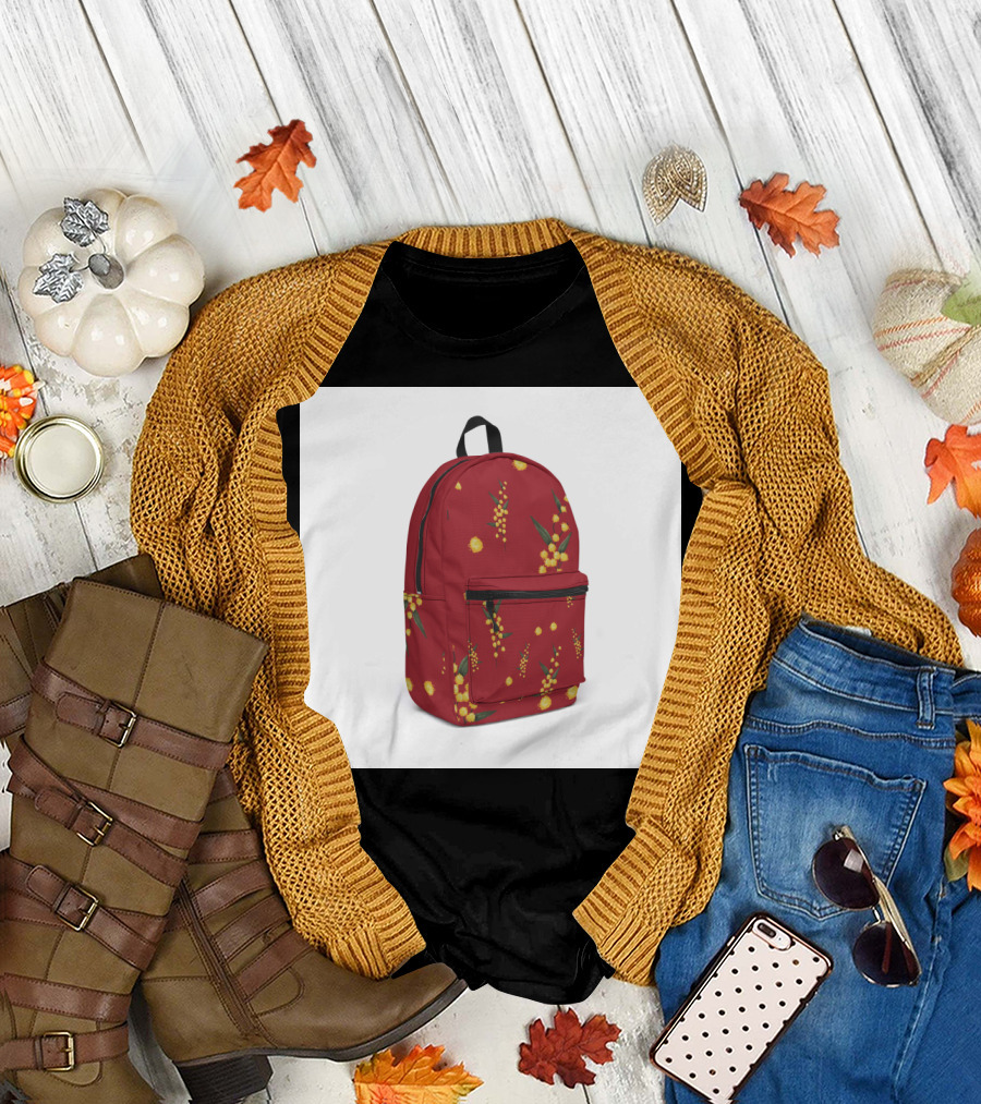 Australian Wattle Pattern on Vibrant Red Backpack T-Shirt