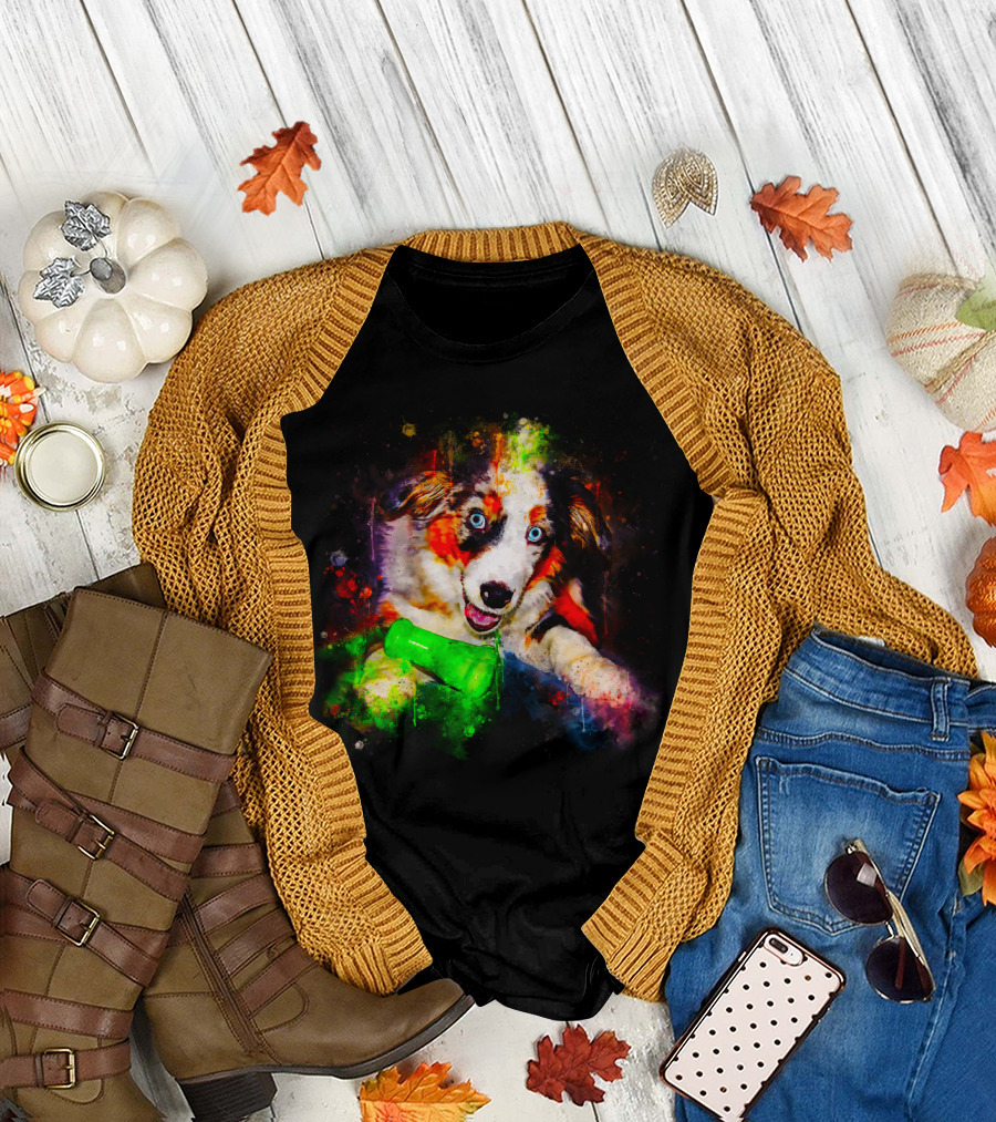 Australian Shepherd Aussie Dog Puppy Vibrant Splatter Watercolor T-Shirt