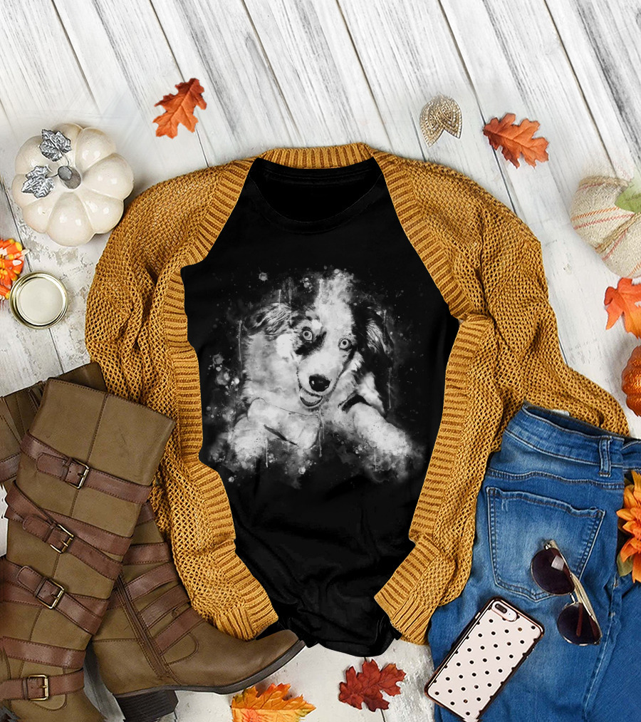 Australian Shepherd Puppy in Black White Watercolor Splatter T-Shirt