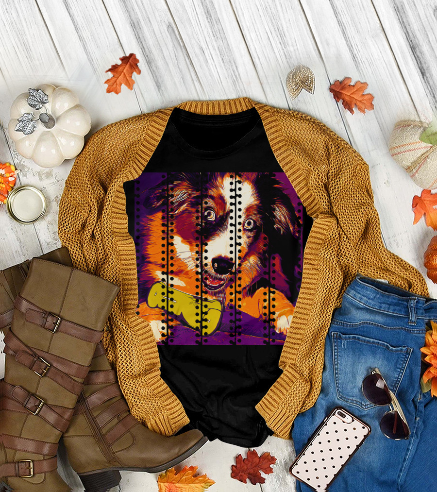 Australian Shepherd Aussie Dog Puppy Late Sunset Vector Art with Playful Pose and Vibrant Colors T-Shirt