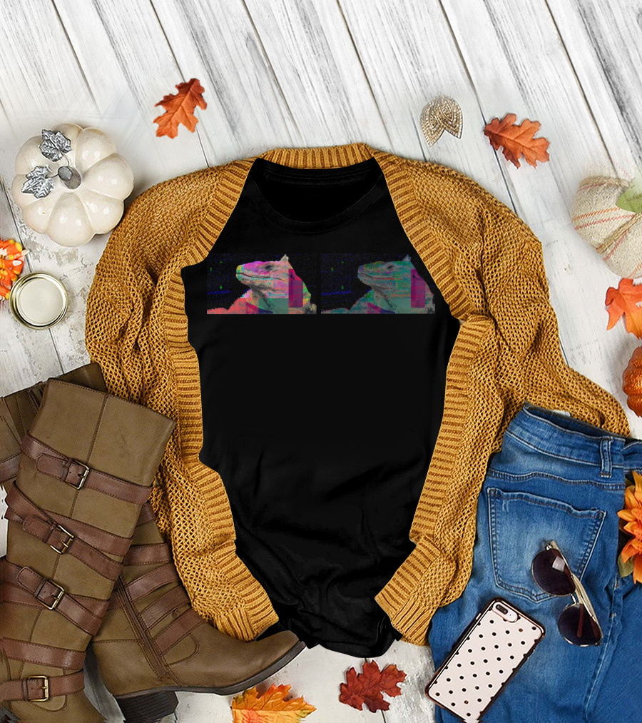 Solarize Lizard Double Glitch Art with Multicolor Pixelated T-Shirt