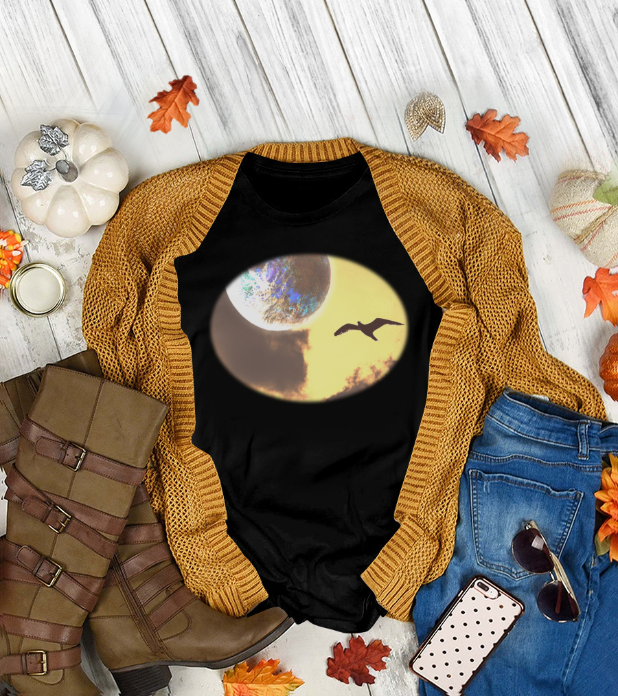 Stylish SkyDanish Seagull Silhouette Against Cosmic Moon and Orange Sky T-Shirt