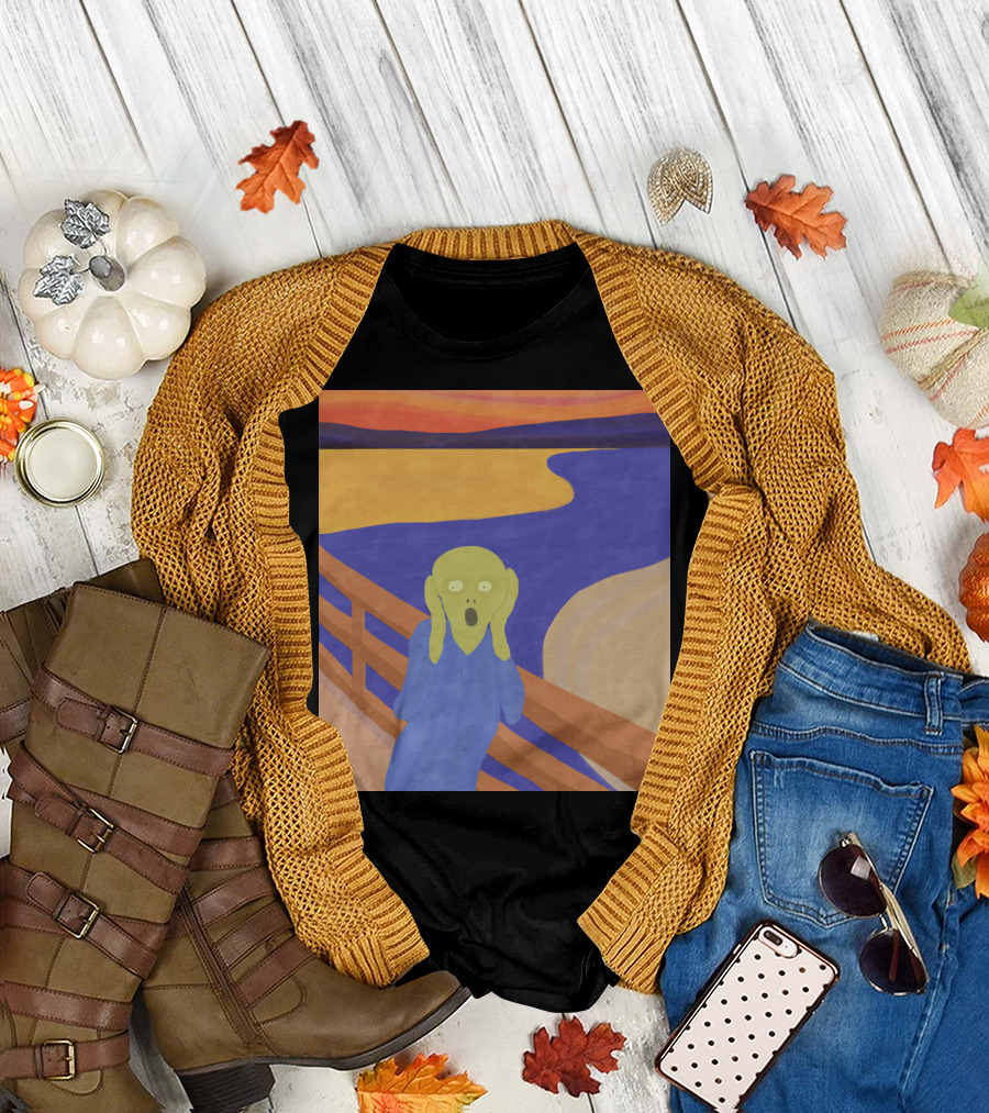 Edvard Munch Scream Parody Green Alien Bridge Sunset Ocean T-Shirt