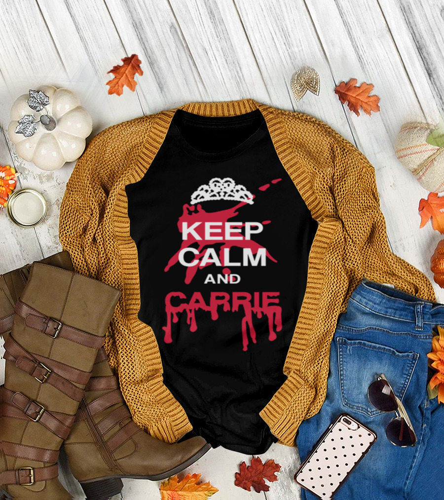 Keep Calm and Carrie Red Splatter with White Tiara Motif T-Shirt