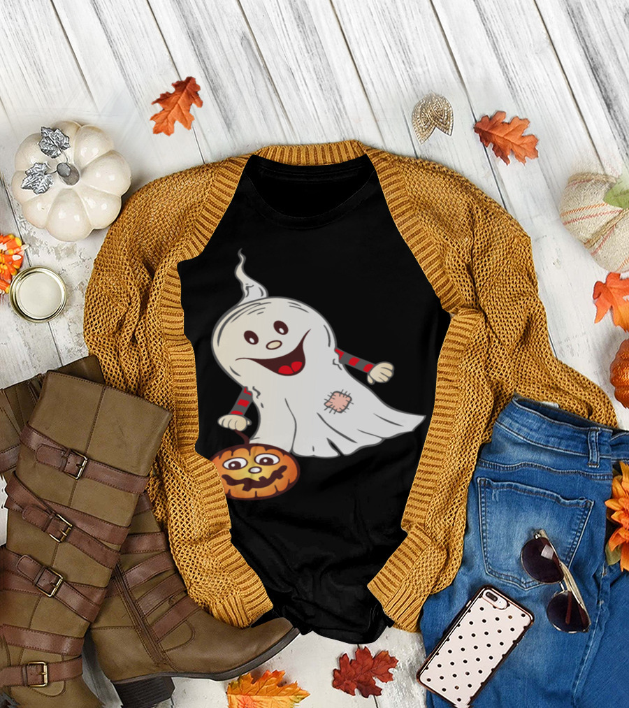 Cheerful Halloween Ghost with Smiling Pumpkin T-Shirt