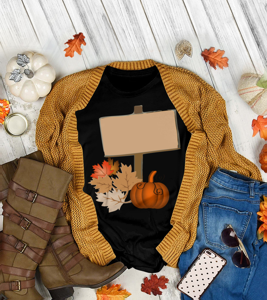 Wood Sign Pumpkin with Autumn Leaves T-Shirt