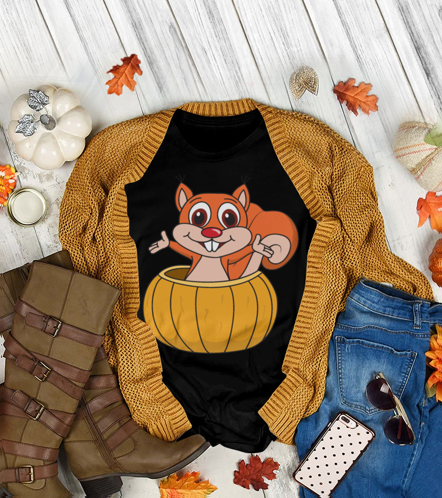 Halloween Squirrel Inside Pumpkin Cartoon T-Shirt