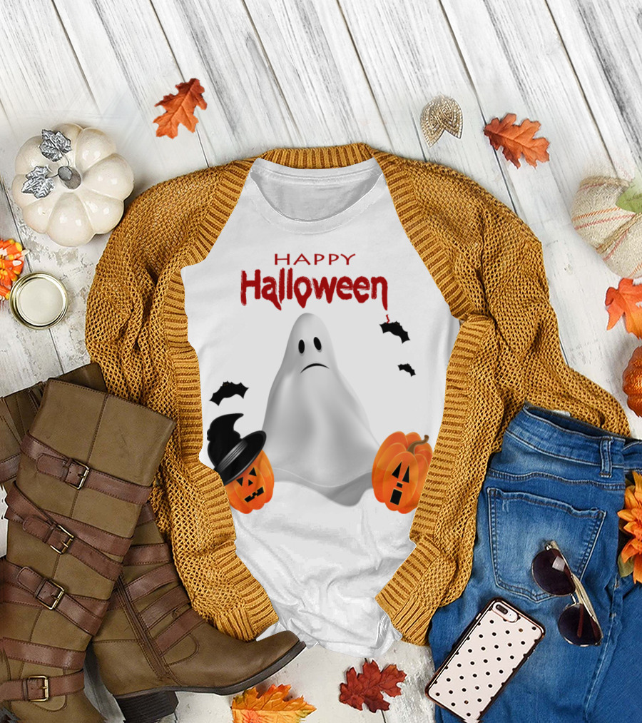 Happy Halloween Ghost with Pumpkin Faces and Bats T-Shirt