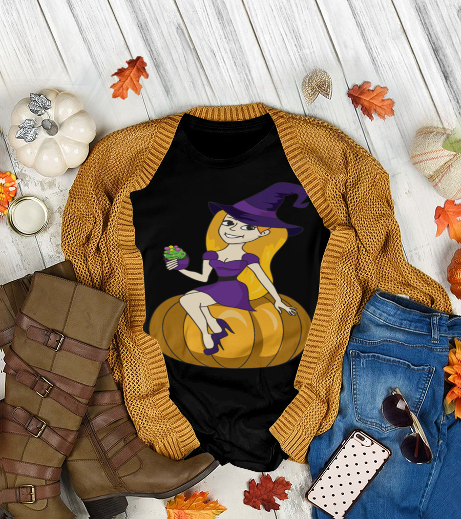 Witch on Pumpkin with Cupcake Halloween Scene T-Shirt