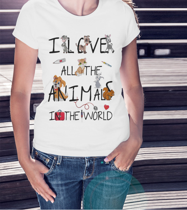 I Love All The Animals In The World Vet Theme With Cute Cartoon Animals And Medical Tools T-Shirt