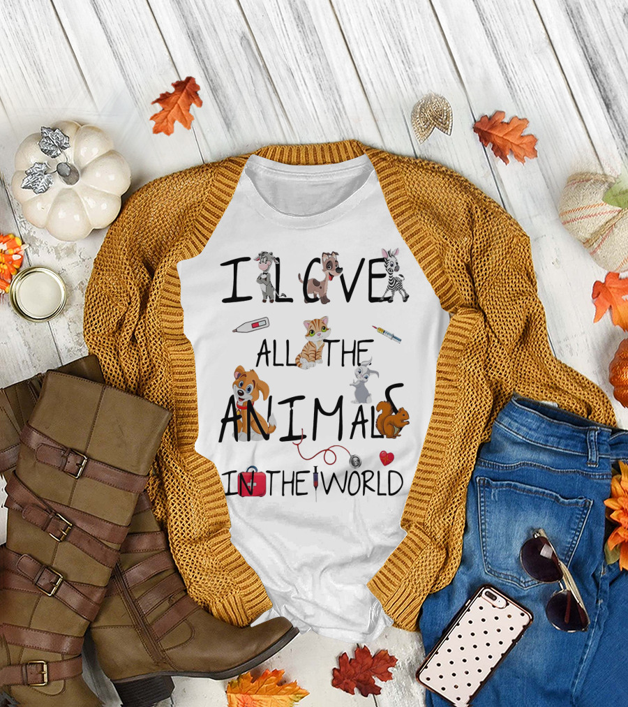 I Love All The Animals In The World Vet Theme with Cute Cartoon Animals and Medical Tools T-Shirt