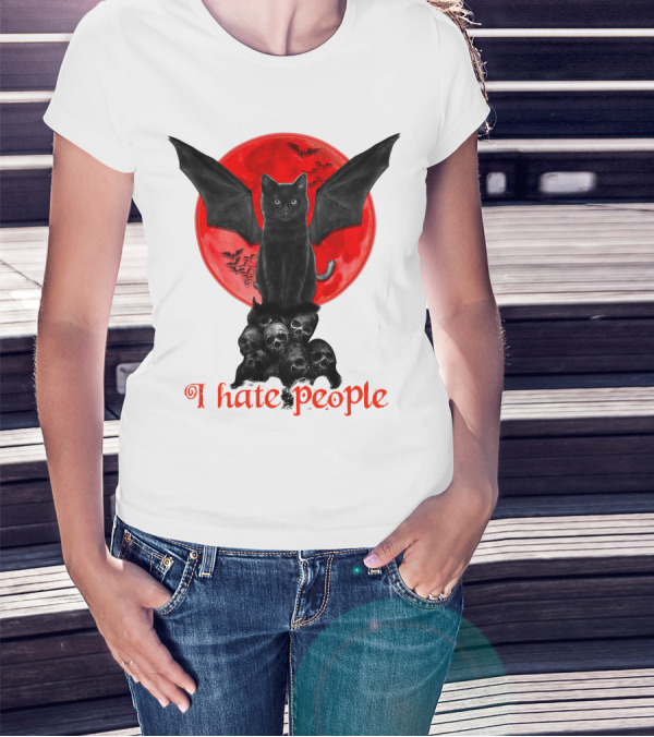 Black Bat Cat I Hate People Red Moon Skulls T-Shirt