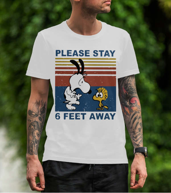 Vintage Please Stay 6 Feet Away Snoopy Woodstock Retro Stripes T-Shirt