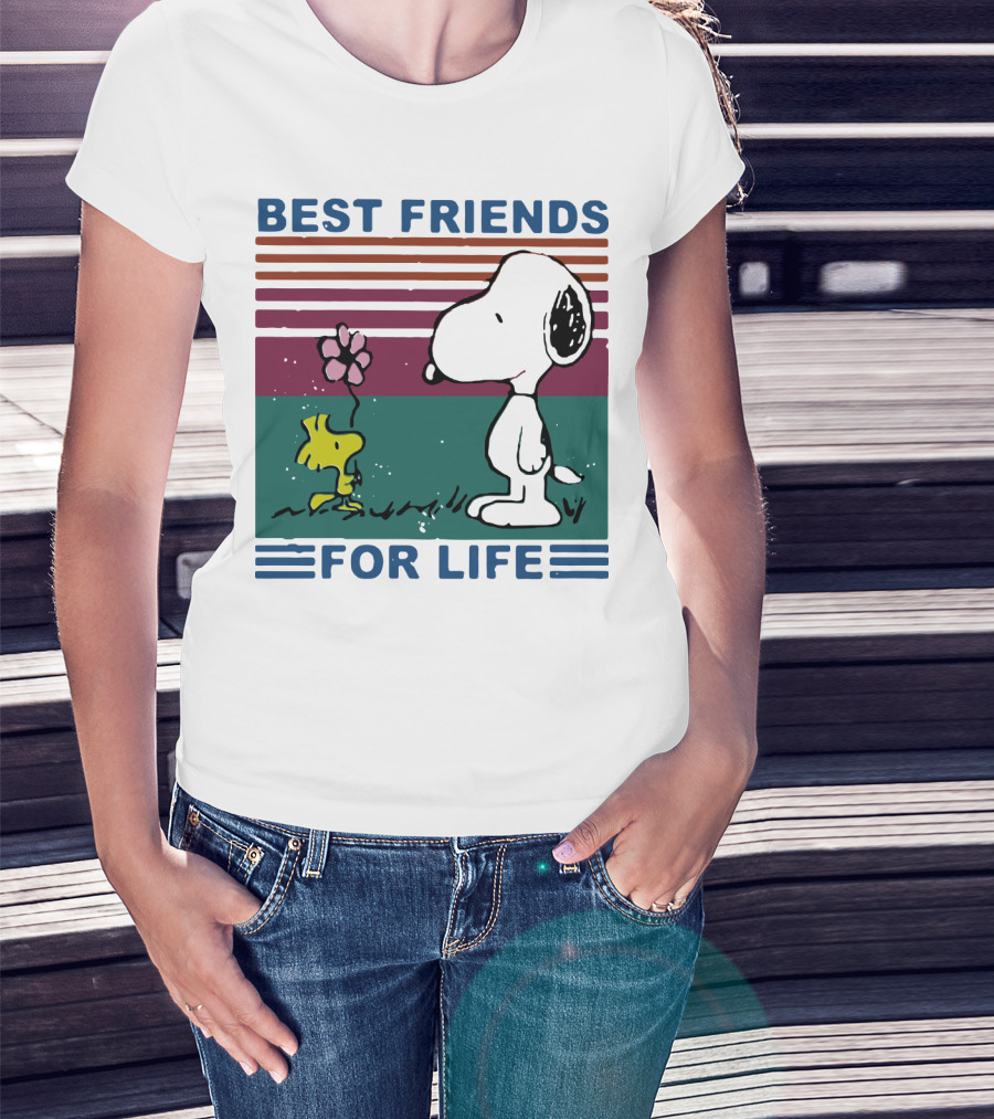 Best Friends For Life Snoopy Woodstock Vintage Retro Stripes T-Shirt