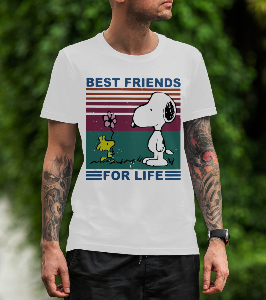 Best Friends For Life Snoopy Woodstock Vintage Retro Stripes T-Shirt
