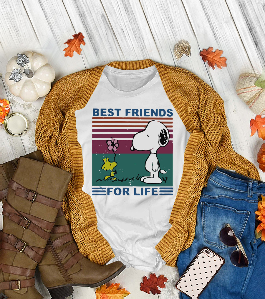 Best Friends For Life Snoopy Woodstock Vintage Retro Stripes T-Shirt