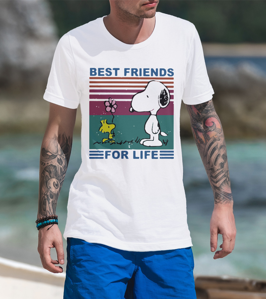 Best Friends For Life Snoopy Woodstock Vintage Retro Stripes T-Shirt