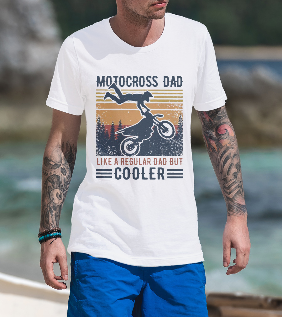Motocross Dad Like A Regular Dad But Cooler Vintage Sunset Forest Scene T-Shirt