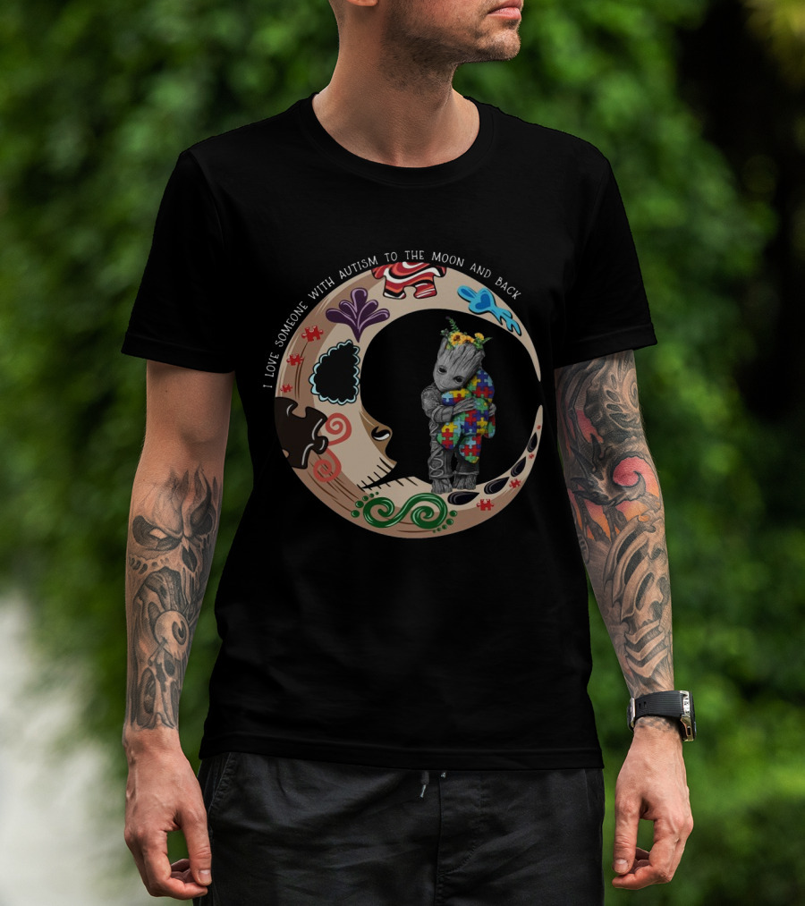 Baby Groot Holding Autism Puzzle Blanket In Vibrant Moon Circle I Love Someone With Autism To The Moon And Back T-Shirt