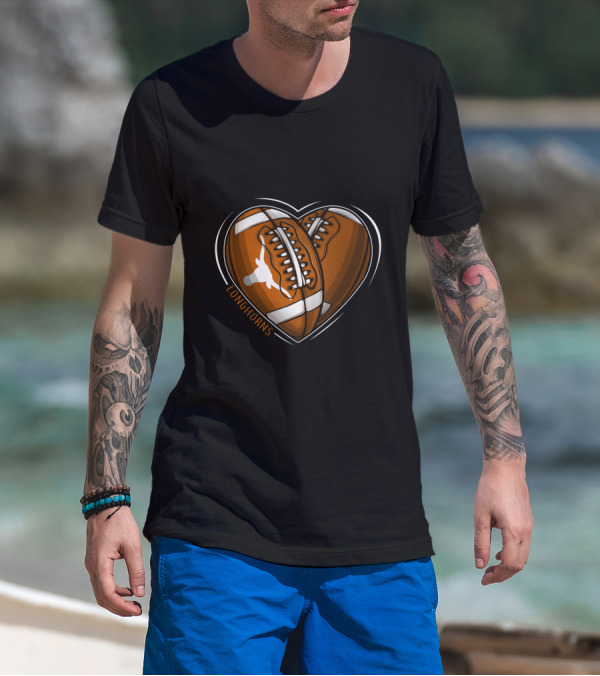 Longhorns Heart-Shaped Football Design Texas Longhorns NCAA T-Shirt