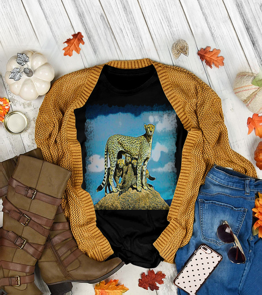 Caution: Majestic Cheetah Family on Watchful Guard at Sunset T-Shirt