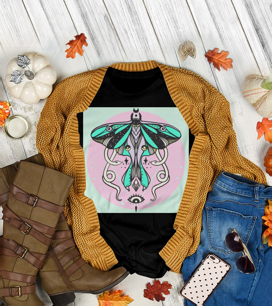 Luna Moth and Snakes with Mystical Witchy Aesthetic Crescent Moon and Eye T-Shirt