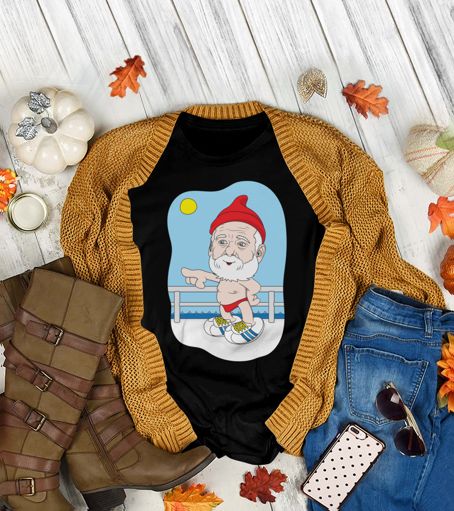 Papa Zissou Illustration with Red Beanie and White Beard on Deck with Sun and Blue Shoes T-Shirt