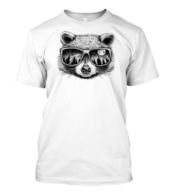 Raccoon Wearing Sunglasses Reflecting Moonlit Forest With Stars T-Shirt
