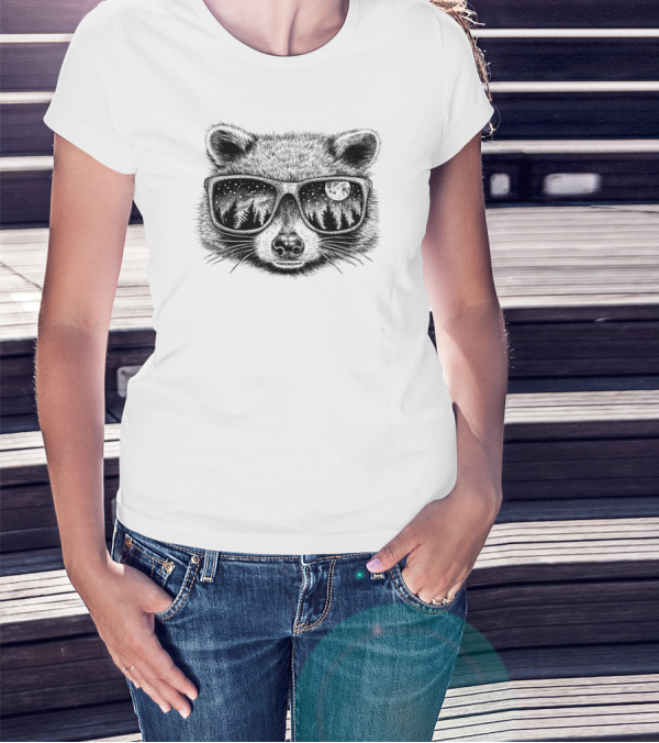Raccoon Wearing Sunglasses Reflecting Moonlit Forest With Stars T-Shirt
