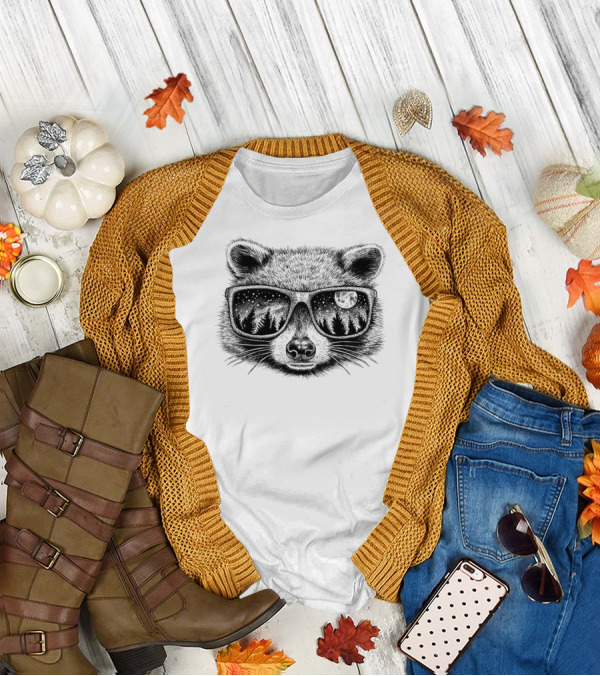 Raccoon Wearing Sunglasses Reflecting Moonlit Forest With Stars T-Shirt