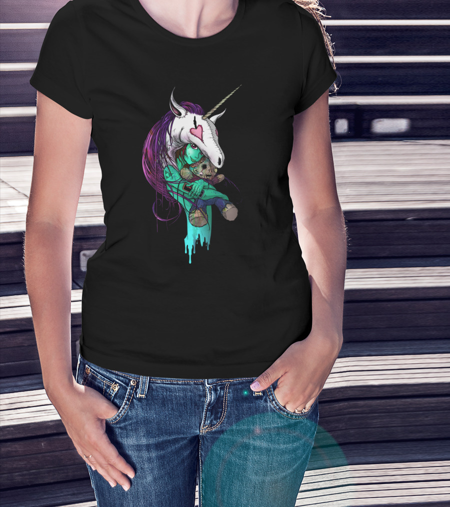Dreamgirl Zombie With Unicorn Helmet And Teddy Bear Hugging Image T-Shirt