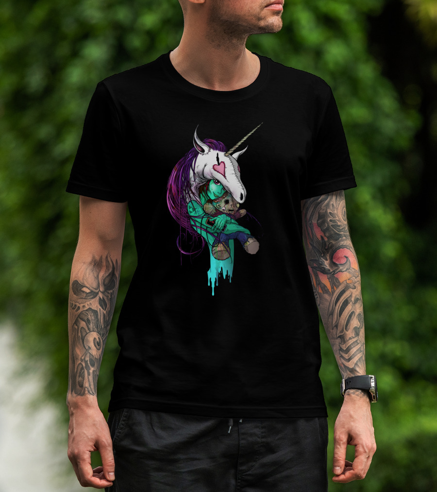 Dreamgirl Zombie With Unicorn Helmet And Teddy Bear Hugging Image T-Shirt