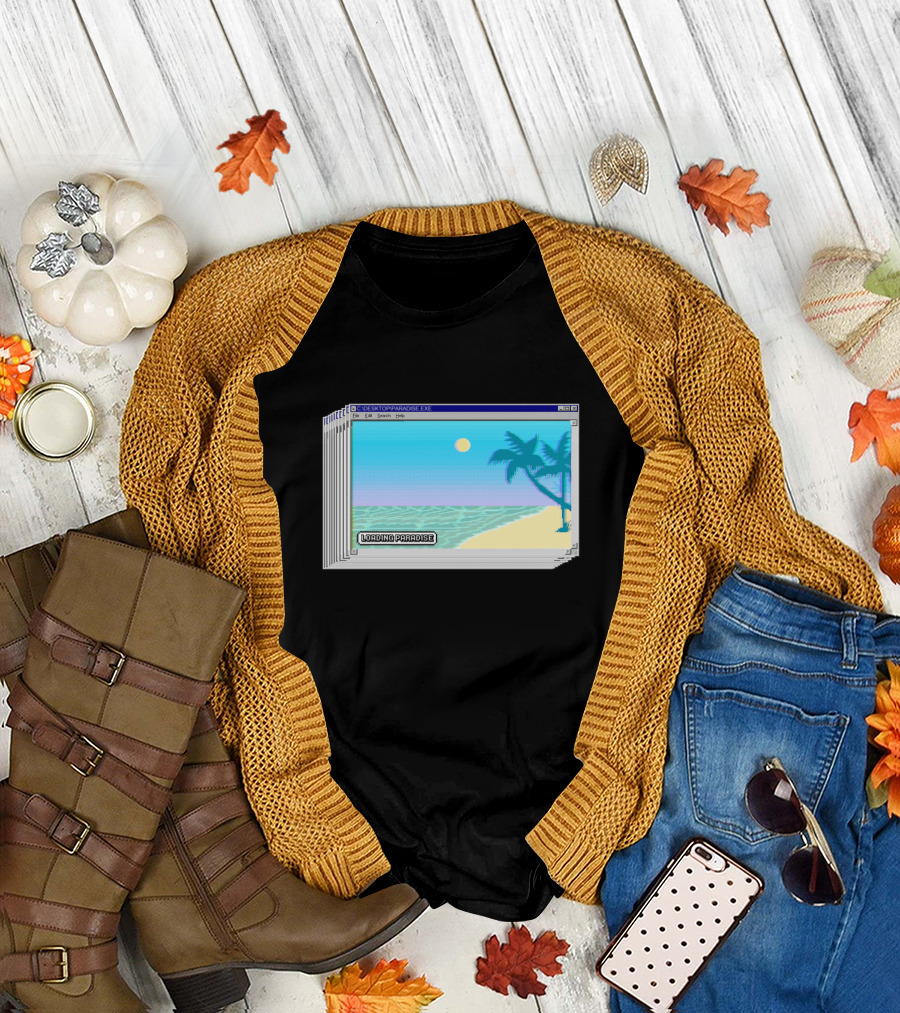 Loading Paradise Beach Scene with Palm Trees in Retro Computer Window T-Shirt