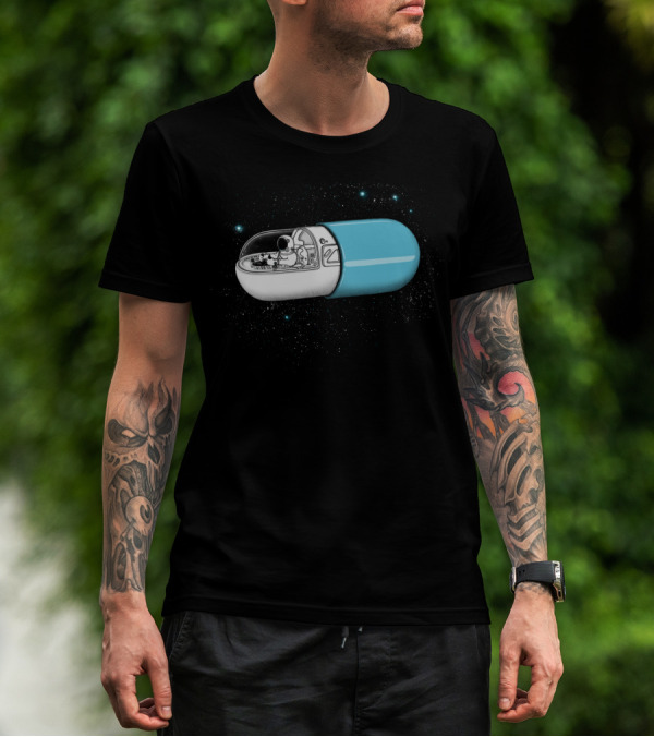 Space Capsule Astronaut In Blue And White Cosmic Pill Exploration T-Shirt