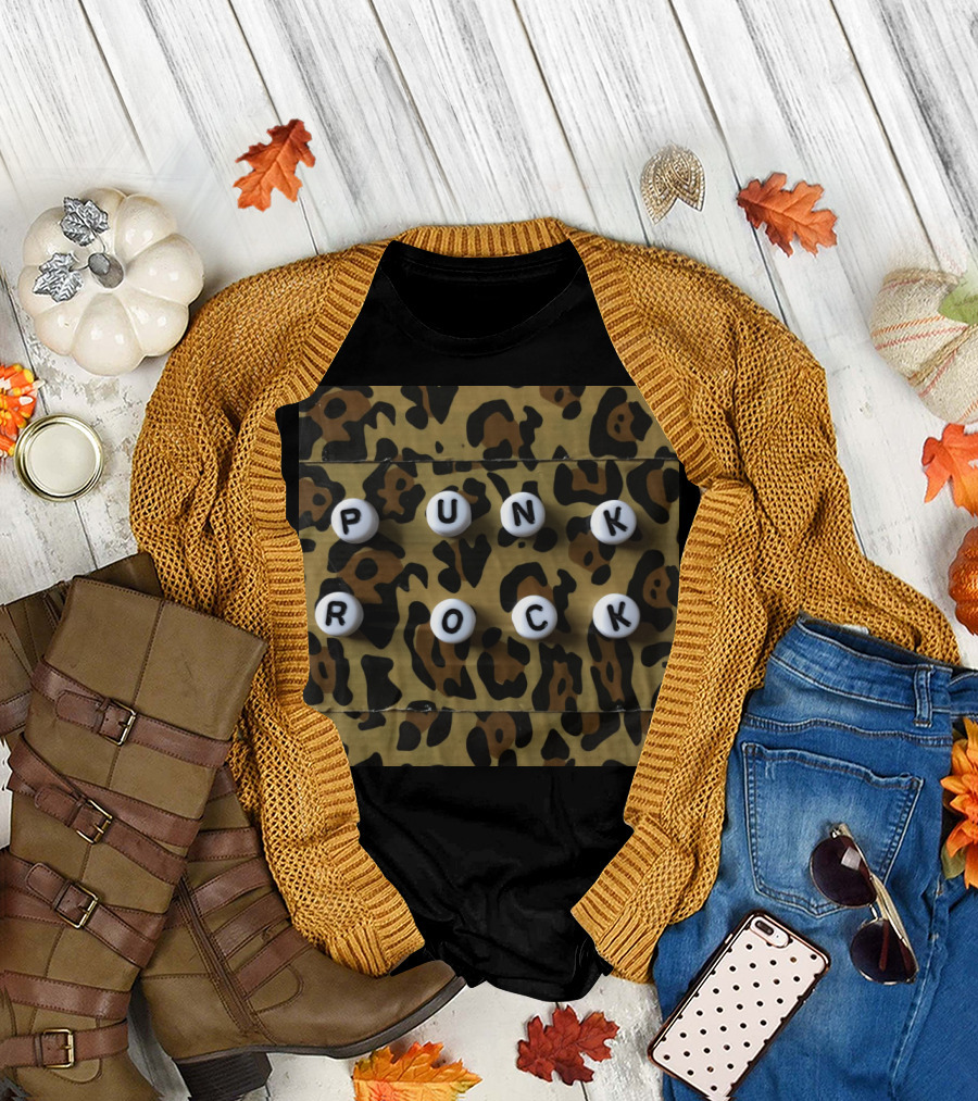 Punk Rock Letter Beads with Leopard Print Background T-Shirt
