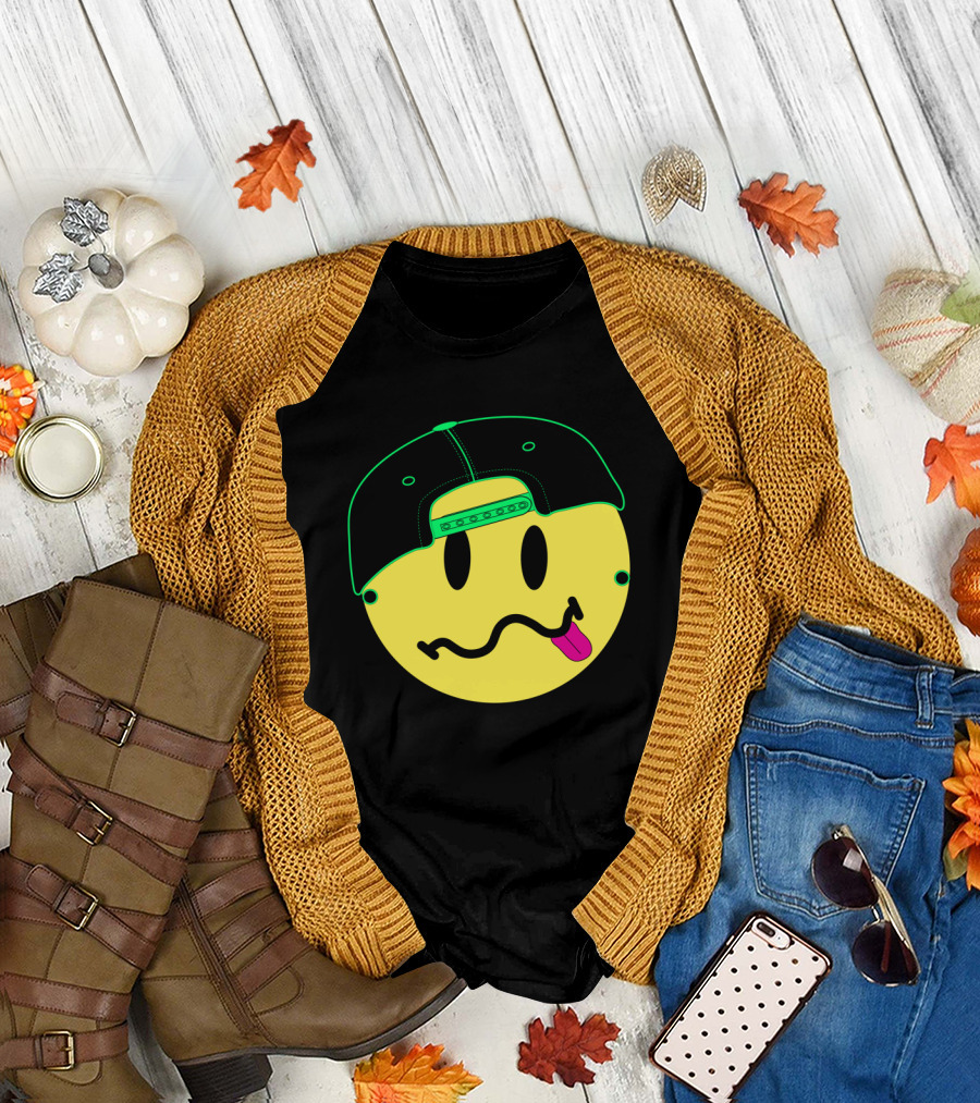 Pop Punk Smiley Face Wearing Backwards Cap with Tongue Out T-Shirt