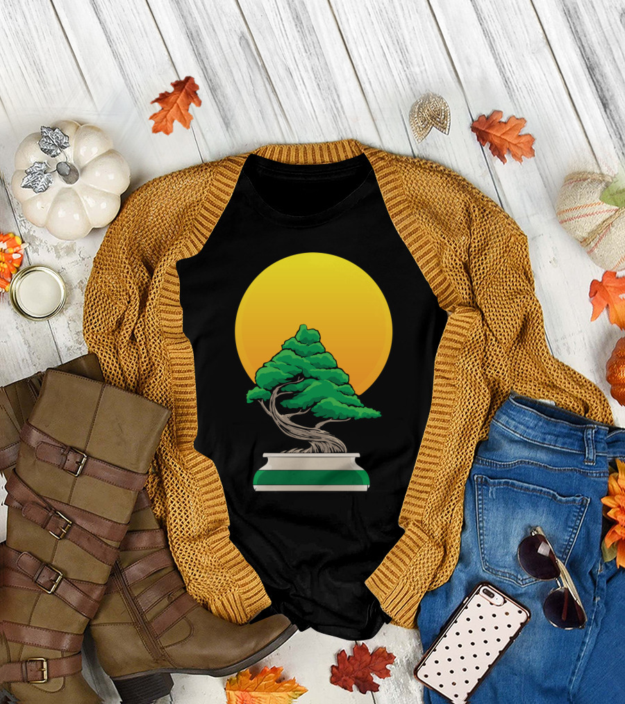 Bansai Bonsai Tree Silhouette Against Vibrant Yellow Sun T-Shirt