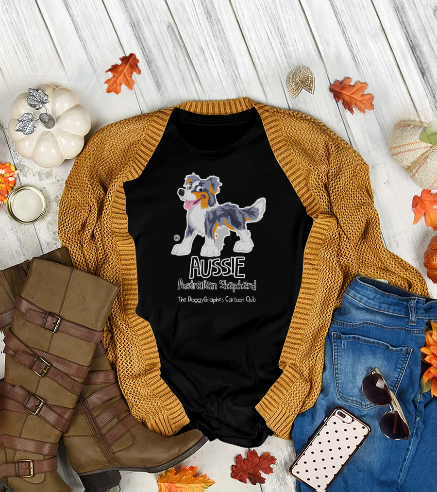 Aussie Australian Shepherd DoggyGraphics Cartoon Club Merle Trico T-Shirt