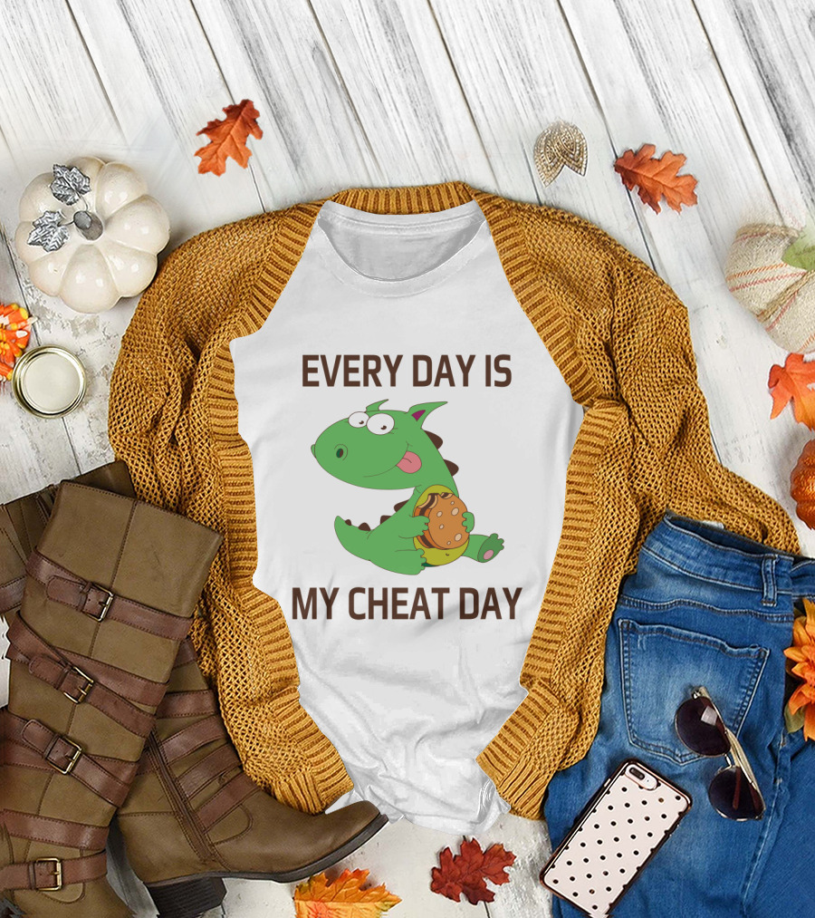 Every Day Is My Cheat Day Green Cartoon Dinosaur Holding Burger T-Shirt