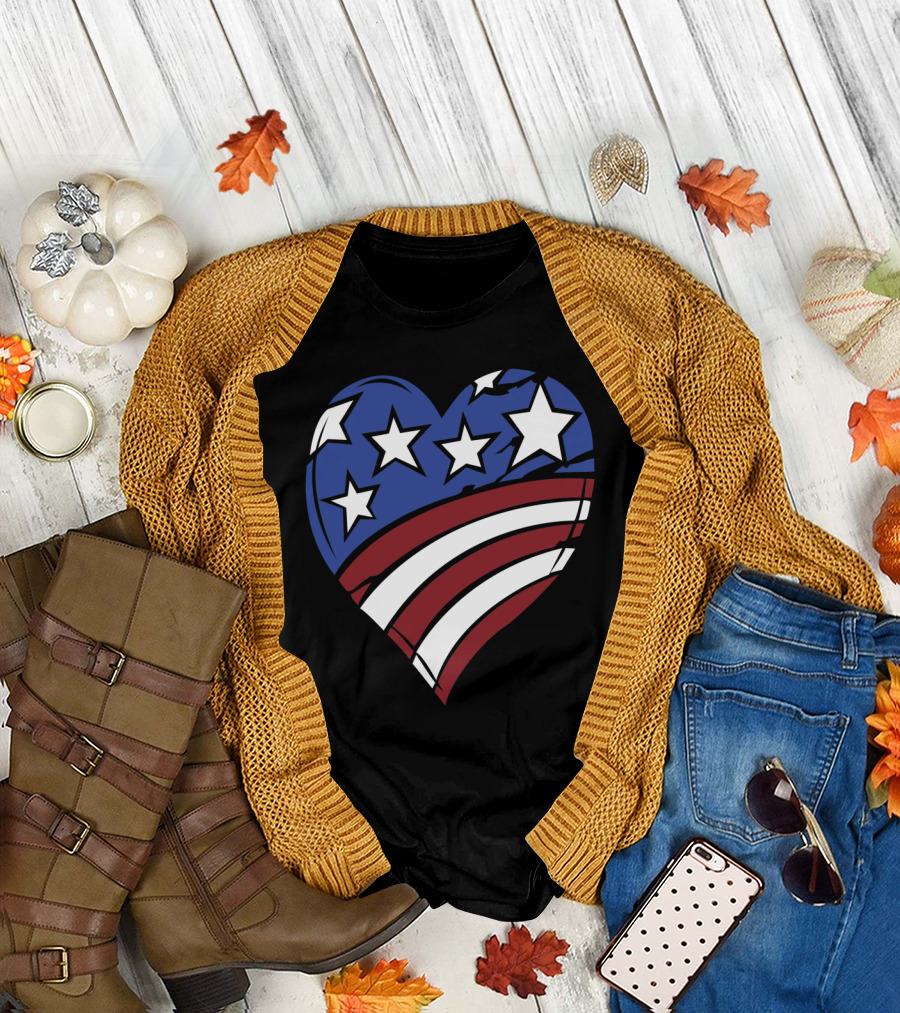 Heart-Shaped Distressed American Flag T-Shirt