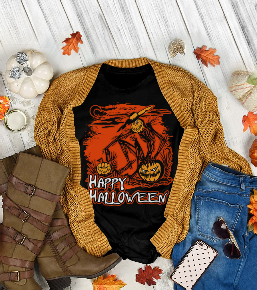 Happy Halloween Scarecrow with Pumpkins and Crescent Moon T-Shirt