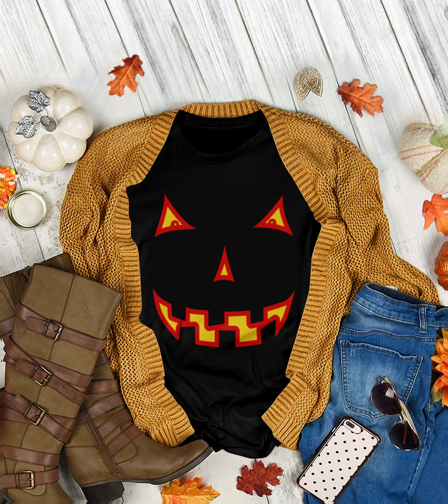 Halloween Pumpkin Scary Face with Red and Yellow Evil Grin and Eyes T-Shirt