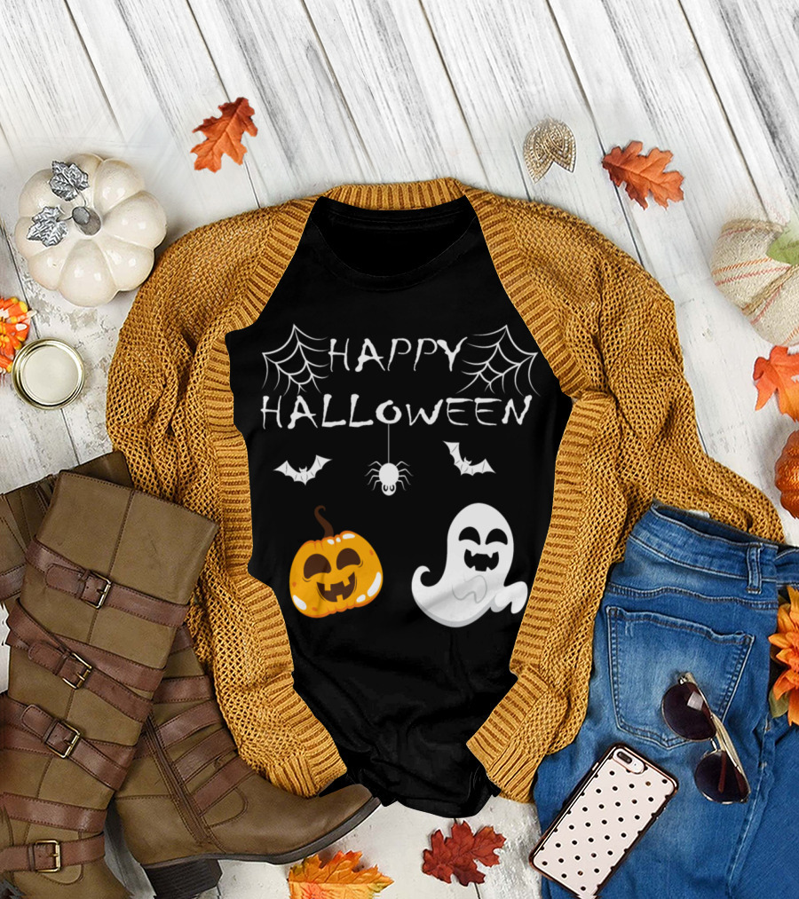Happy Halloween Pumpkin Ghost with Spiders Bats and Webs T-Shirt