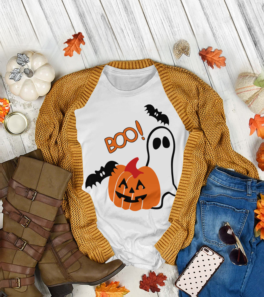 Boo Halloween Pumpkin Ghost and Bats T-Shirt