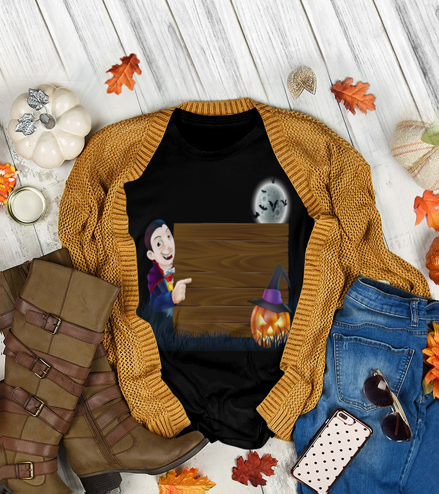 Halloween Vampire with Pumpkin and Bats Under Full Moon T-Shirt